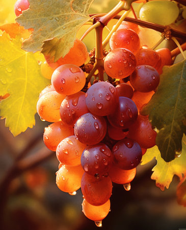 Bunch of ripe red grapes with water drops on the vine.の素材