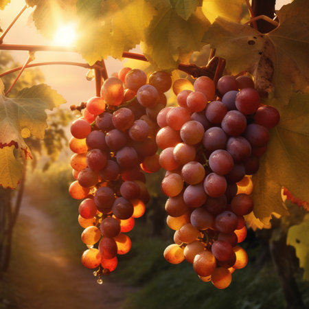 Ripe grapes in vineyard at sunset. Ripe grapes in autumnの素材
