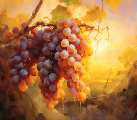Bunch of grapes on the vine in autumn, oil painting.の素材
