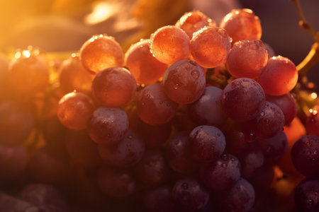 Bunch of grapes with water drops in the sunlight. Selective focus.の素材