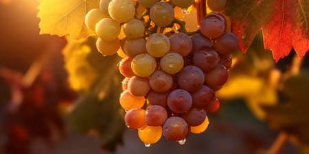 Ripe grapes in the vineyard at sunset, close-upの素材