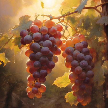 Grapes in a vineyard in the rays of the setting sunの素材