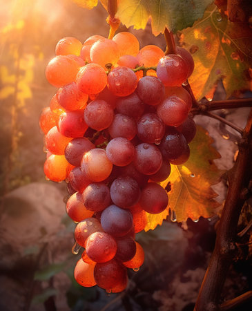 Bunch of red grapes on vine in vineyard at sunset.の素材