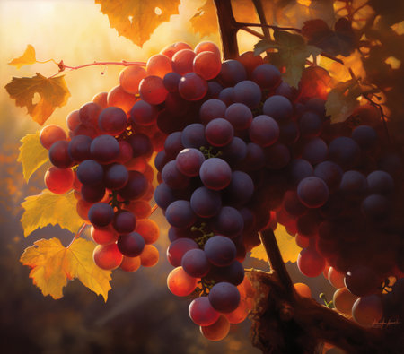 Bunch of red grapes in vineyard in autumn, closeupの素材