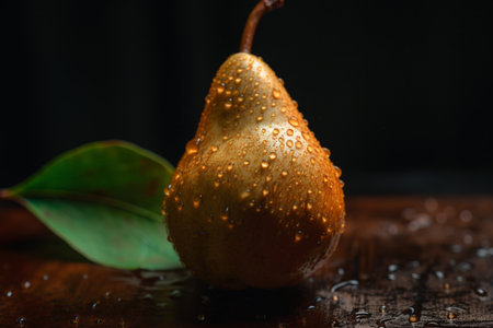 Ripe pear with water drops on a dark background, close-upの素材