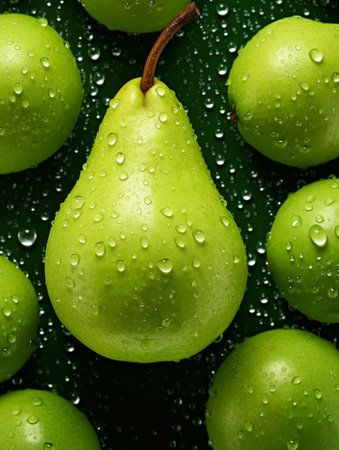 Green pears with water drops on green background. Close up.の素材