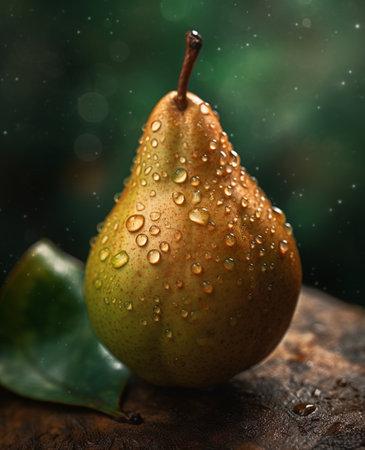 Ripe pears with water drops on wooden table, closeupの素材
