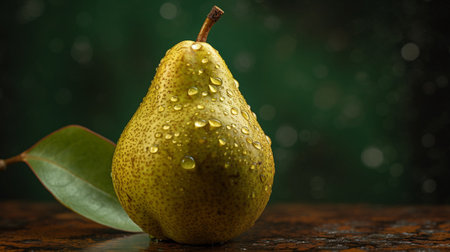 Ripe pear on a dark background with drops of dew.の素材