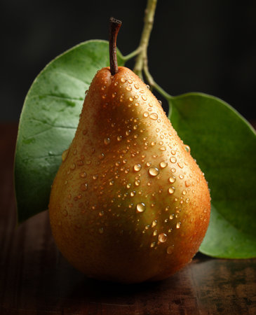 Ripe pear with water drops on a dark background. Close-up.の素材