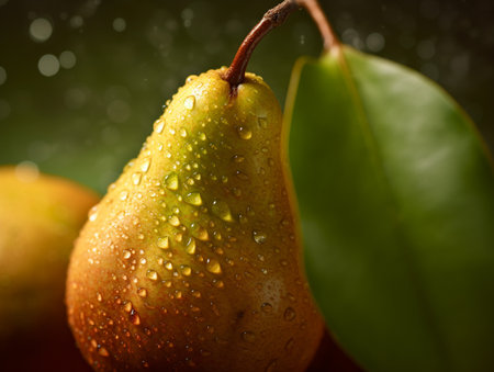 Ripe pear with water drops on a dark background close-upの素材
