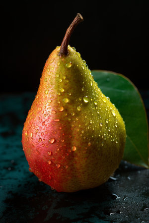 Ripe pear with drops of water on a dark background close-upの素材