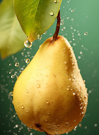 Fresh pear with water drops on a green background, close-upの素材