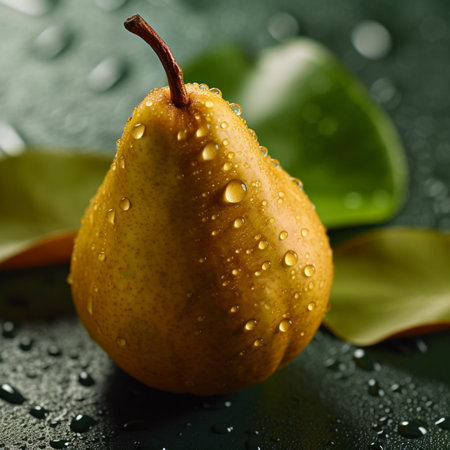 Fresh pear with water drops on a dark background. Shallow dof.の素材