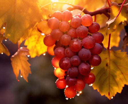 Bunch of red grapes with water drops on vine in vineyardの素材