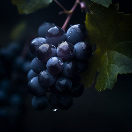 Bunch of black grapes on a dark background with water drops.の素材