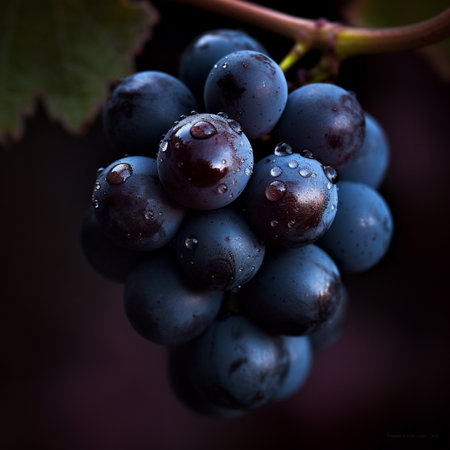 Bunch of black grapes with water drops on a dark background.の素材