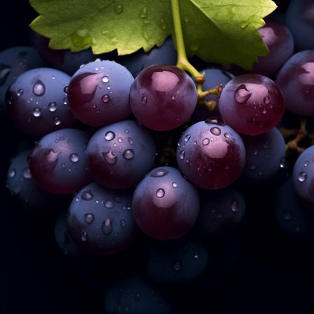 Bunch of grapes with drops of water on a black background.の素材