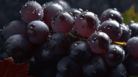 Fresh bunch of black grapes with water drops on a dark background.の素材