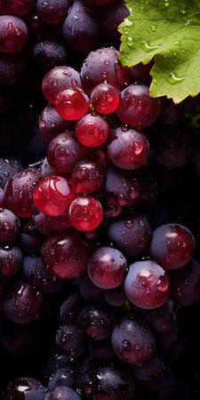 Bunch of ripe red grapes with water drops on a black backgroundの素材