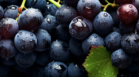 Fresh bunch of black grapes with water drops. Close-up.の素材