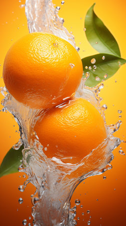 Fresh oranges with water splash on orange background. Healthy food concept.の素材