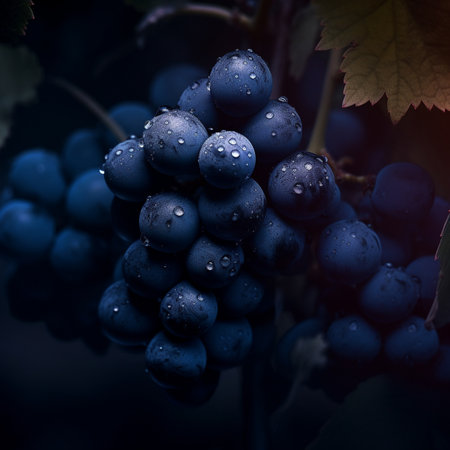 Bunch of black grapes with water drops close up. Toned.の素材