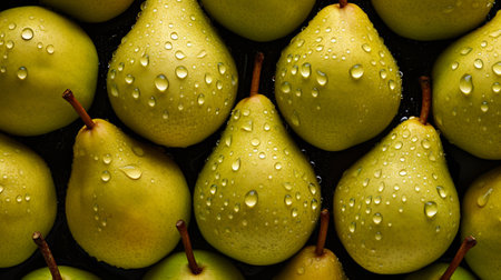 Fresh pears with water drops on black background. Top view.の素材