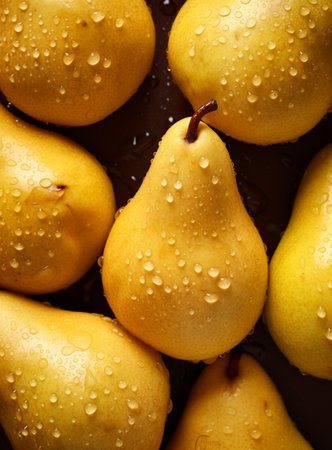 Ripe yellow pears on a dark background with water drops.の素材