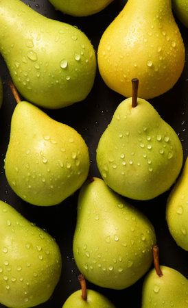 Ripe pears with water drops on black background, top viewの素材