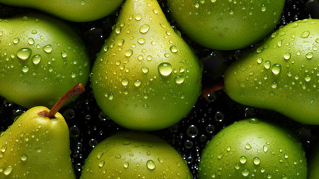 Fresh green pears with water drops on a black background close upの素材