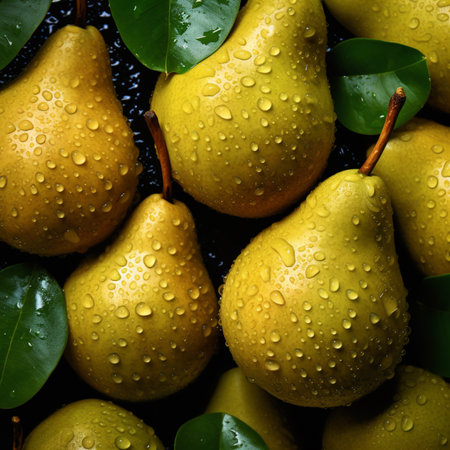 Ripe yellow pears with green leaves on a black background.の素材