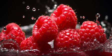 Fresh raspberries falling into water with splash on black background.の素材