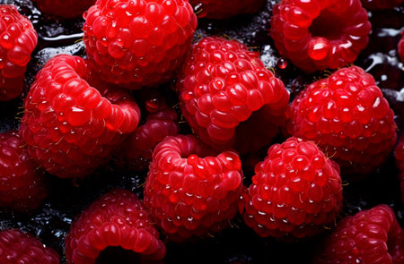 Close up of fresh raspberries with water drops on black backgroundの素材