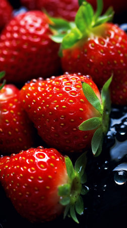 fresh strawberries with water drops on black background, macro, closeupの素材