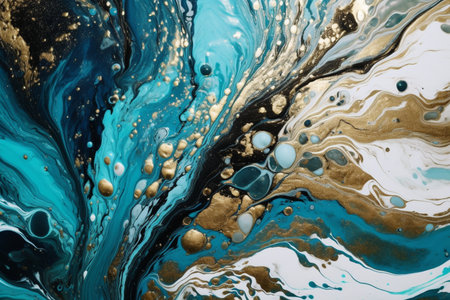 Marbled blue abstract background with golden sequins. Liquid marble ink pattern.の素材