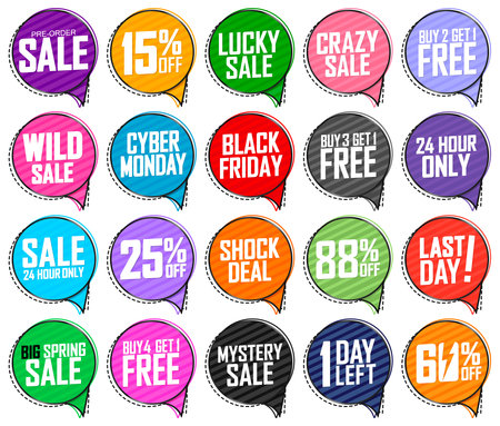 Set of sale stickers and tags in different colors. Vector illustration.のイラスト素材