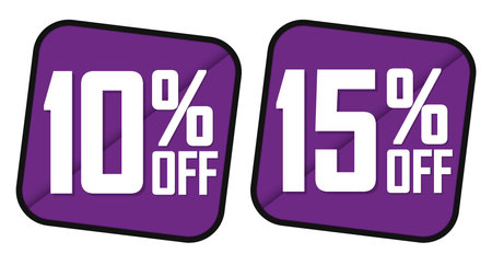 Set of sale banners 10 and 15 percent off vector illustration. Purple and violet colors.のイラスト素材