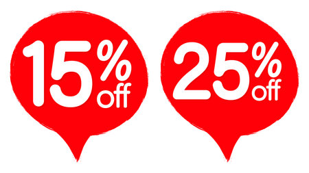 Red stickers with the words 15 percent off and 25 percent off on white backgroundのイラスト素材