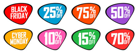 Set of sale labels, badges, stickers. Black Friday, Cyber Monday, Big sale, end of season, vector illustrationのイラスト素材