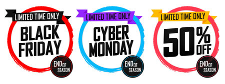 Set Black Friday sale banners design template, discount tags, vector illustrationのイラスト素材