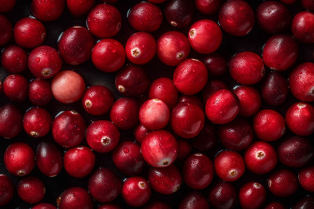 Cranberries background. Top view of fresh red cranberries.の素材