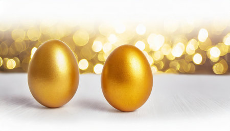 Two golden eggs on a white wooden background with golden bokehの素材