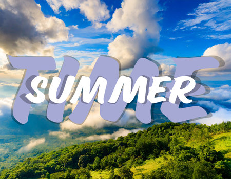 Summer word on the mountain with blue sky and white clouds background.の素材