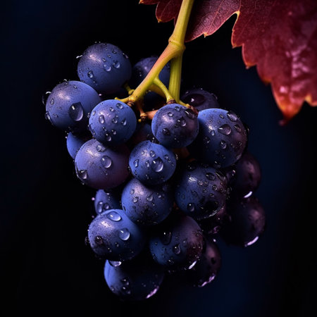 Bunch of ripe red grapes with water drops on black background.の素材
