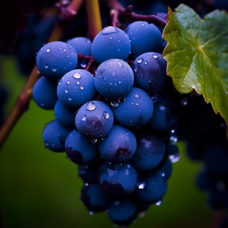 Close-up of a bunch of red wine grapes with water dropsの素材