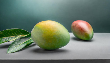 Mango fruit and mango leaves on a gray background. Copy space.の素材