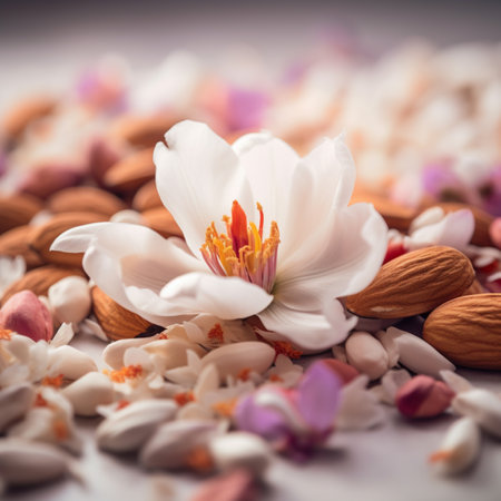 Almonds, pistachios and crocus flower on white backgroundの素材