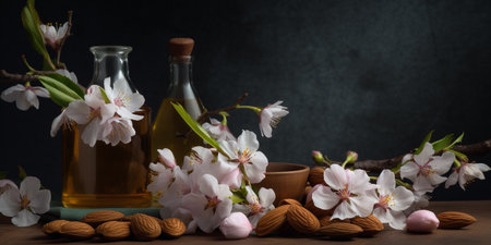 Still life with almond oil and sakura blossom on dark backgroundの素材