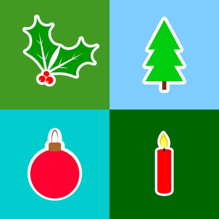 Christmas tree, candle and holly berry icons set. Vector illustrationのイラスト素材