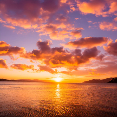 Beautiful sunset over the sea. Colorful sky with clouds.の素材
